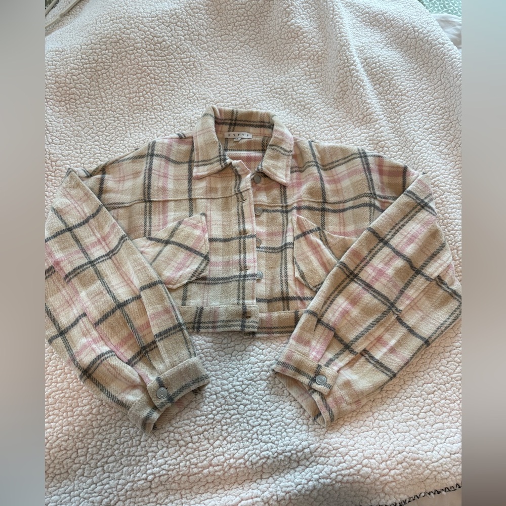Womens Cropped Pink & White Flannel Jacket Size Large